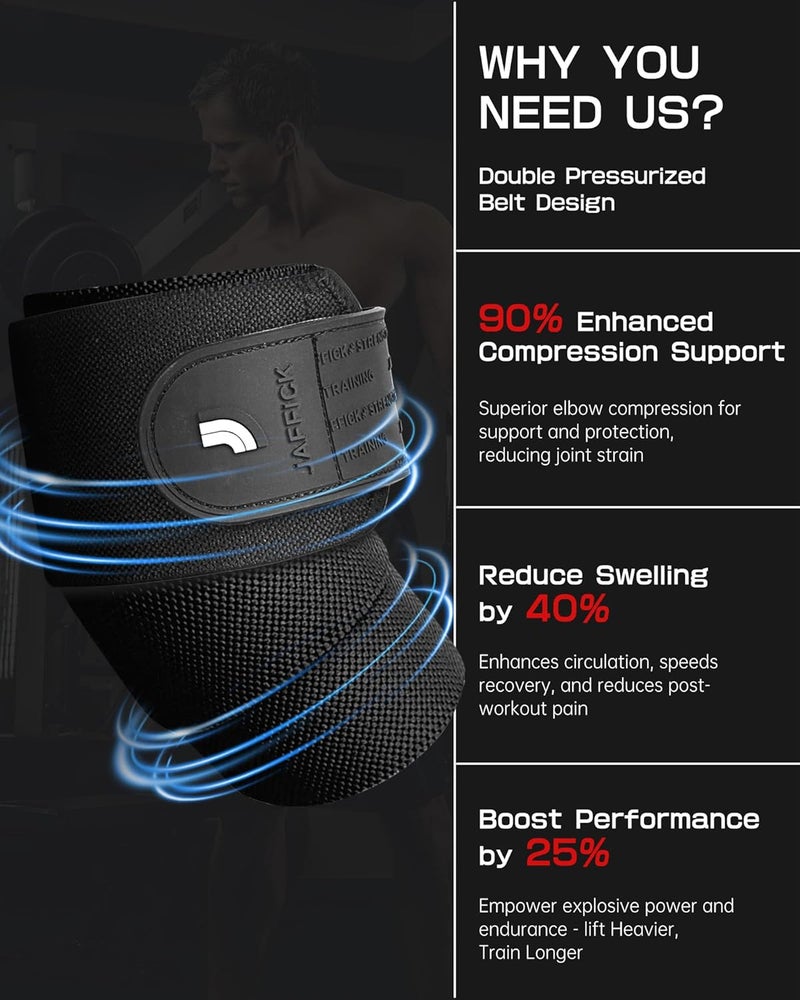 Jaffick Elbow Wraps for Weightlifting (1 Pair) - Double-Layer Reinforced 40'' Elastic Elbow Brace Compression Strap & Gym Joint Support Brace - for Bench Press, Powerlifting, and Pressing - Image 2